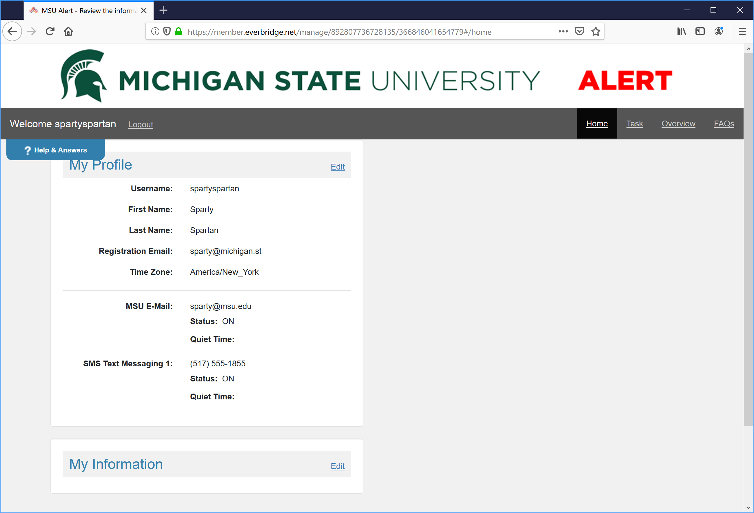 Screenshot of alert.msu.edu showing user profile information.