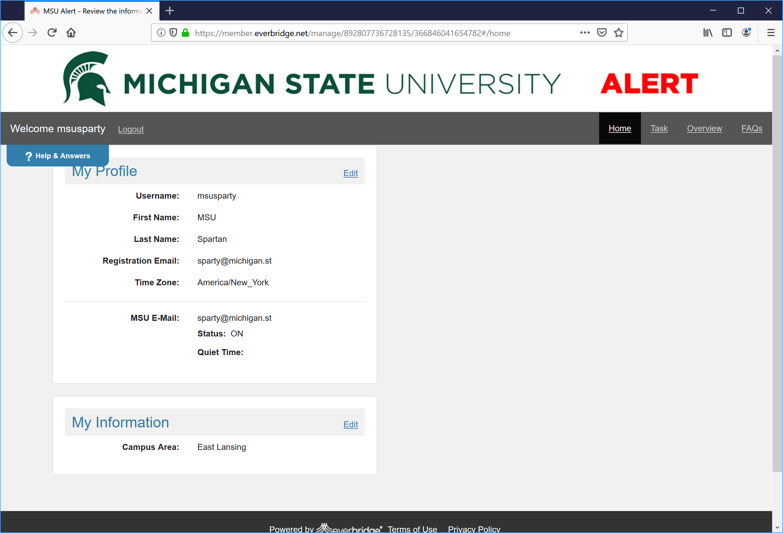 Screenshot of alert.msu.edu showing user profile information.