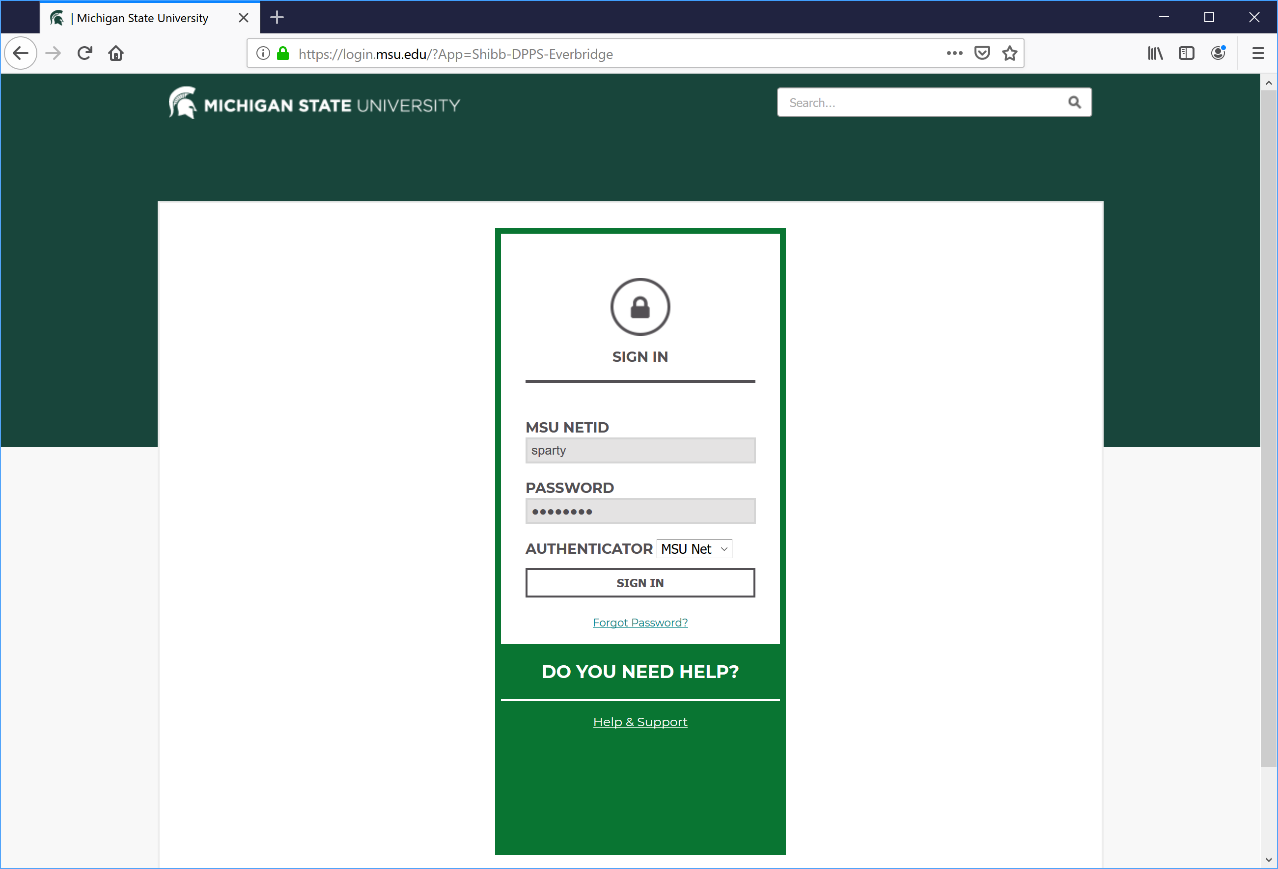 Screenshot of alert.msu.edu showing MSU net login.