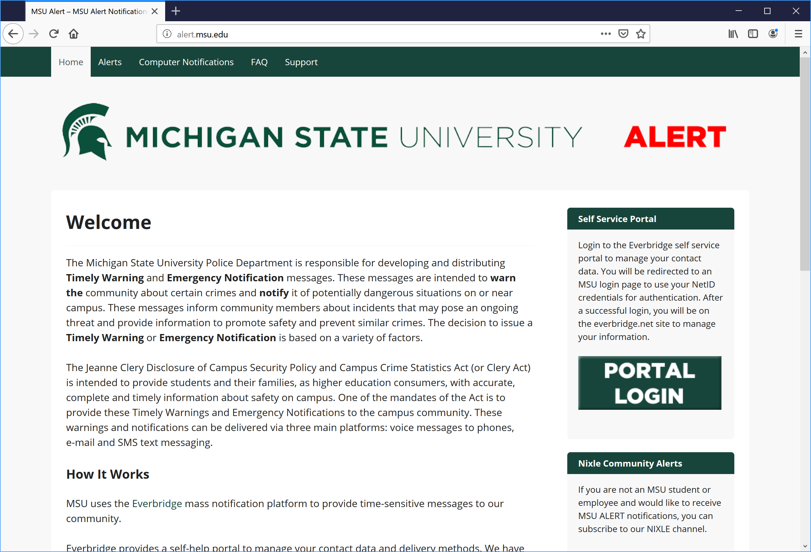 Screenshot of alert.msu.edu showing portal login button on right side of screen.