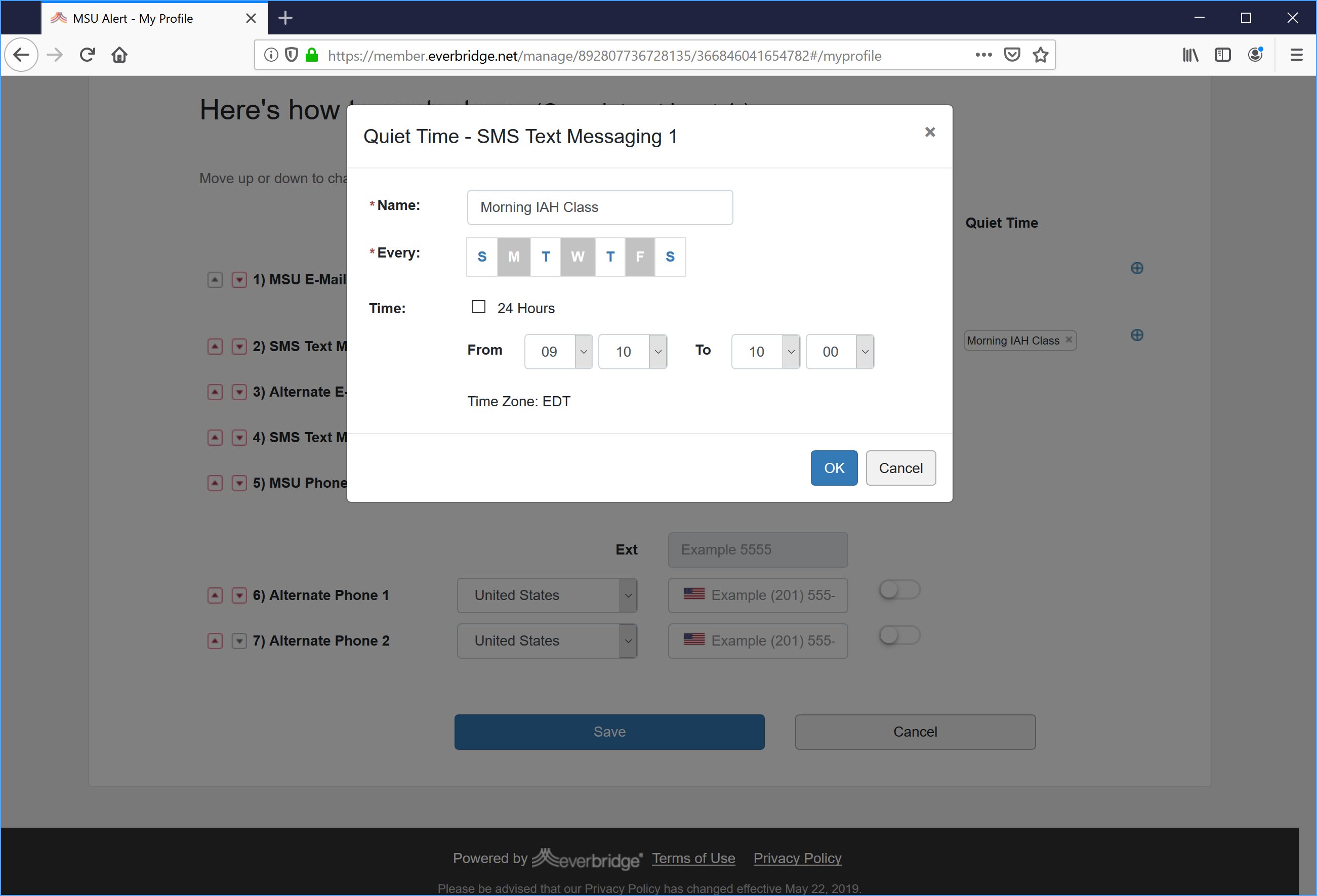 Screenshot of alert.msu.edu showing how to set quiet time for text messages.